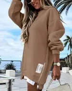 Long Sleeve Pullover Sweatshirt Zipper Slit Casual Dress