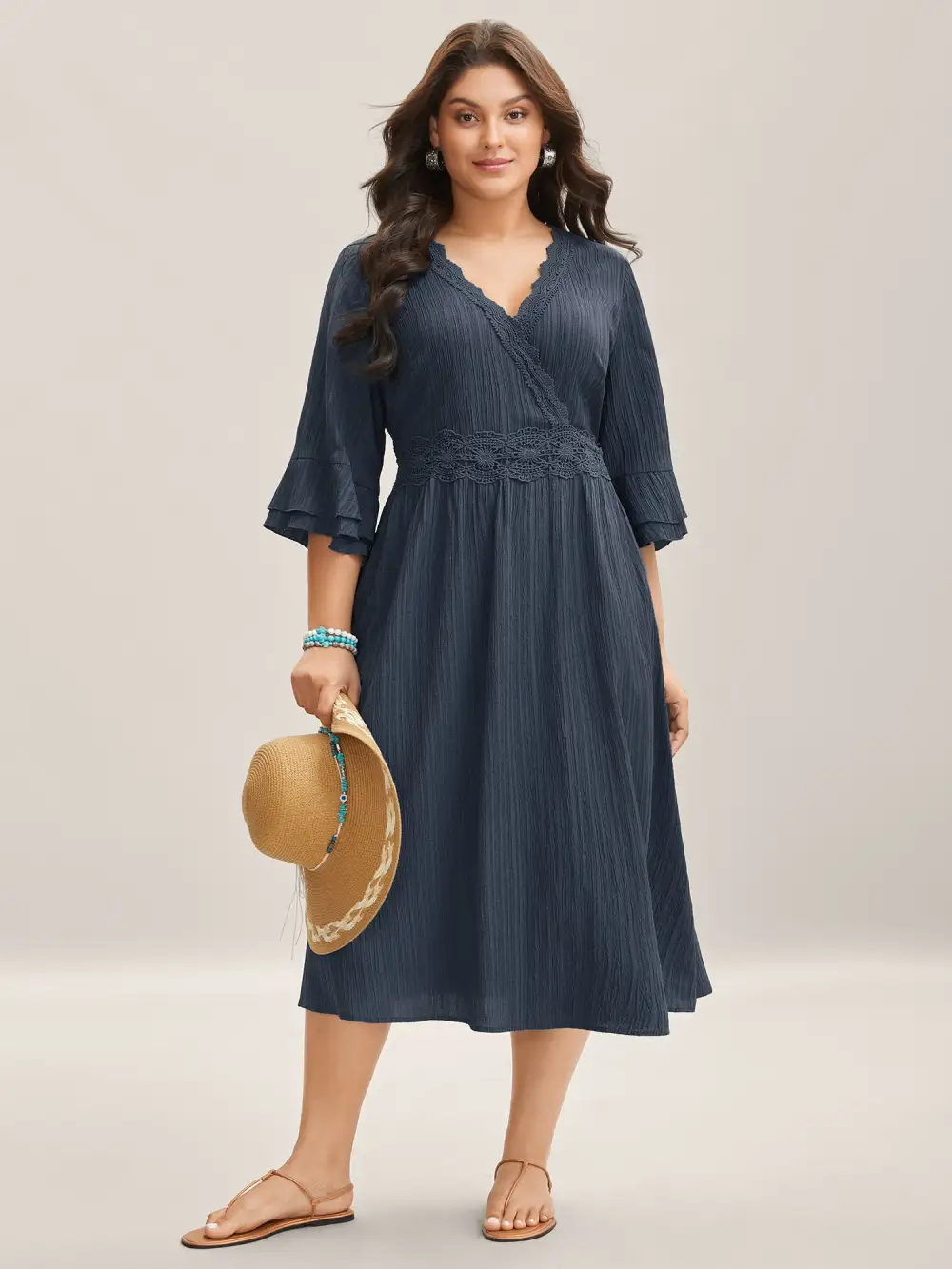Scalloped Lace Surplice Ruffled Midi Dress