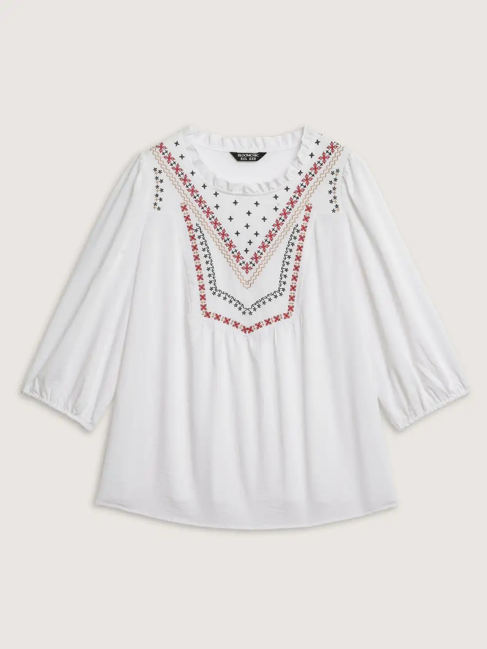 Boho Embroidered Neckline Ruffled Neck Blouse