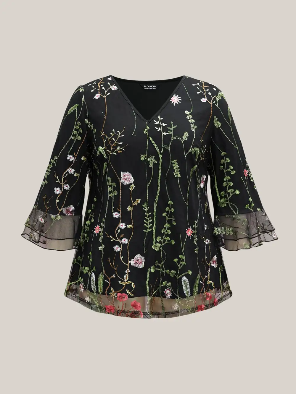 Embroidered Mesh Lotus Leaf Sleeve Blouse