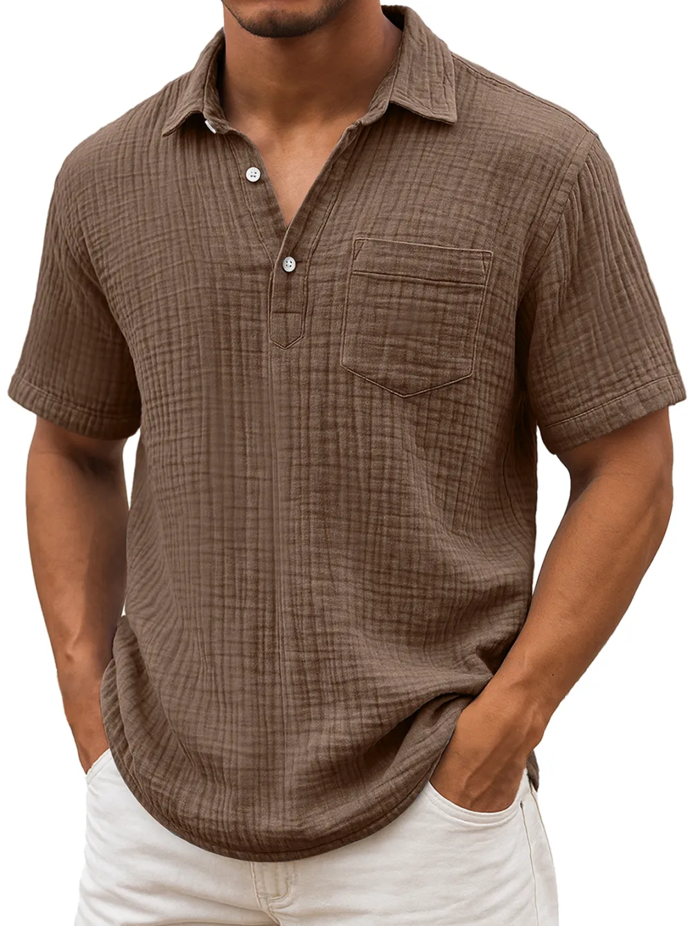 Men's Daily Pleated Texture Lapel Casual Pocket Comfortable Short Sleeve POLO Shirt