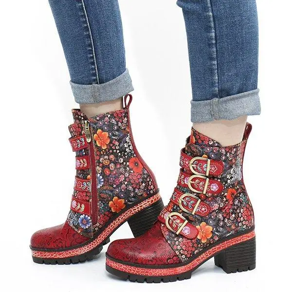 Floral Pattern Metal Buckle Chunky Heel Short Boots