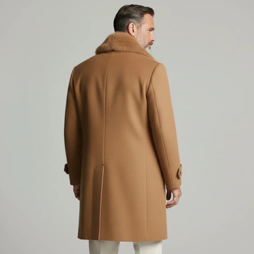 Men's Business Camel Double Breasted Furry Collar Long Sleeve Overcoat