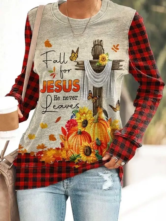 Thanksgiving Fall For Jesus He Never Leaves Plaid Pumpkin Print Sweatshirt