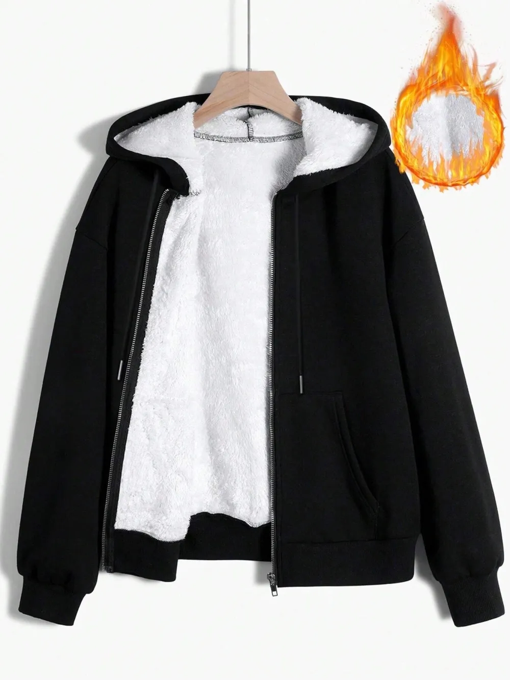 Drop Shoulder Zip Up Drawstring Thermal Hoodie