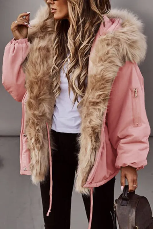 New Women’s Short Puffy Canvas Jacket with Faux Fur Trimmed Hood