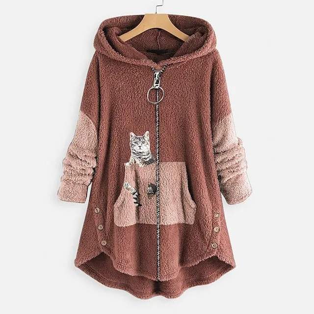 Women's Hoodie Sweatshirt Pullover Fleece Pullover Sherpa Fleece Teddy Zip Up Front Pocket Pink Green Dark Grey Cat Street Casual Hoodie Plus Size Long Sleeve Top Fleece lined Micro-elastic Fall