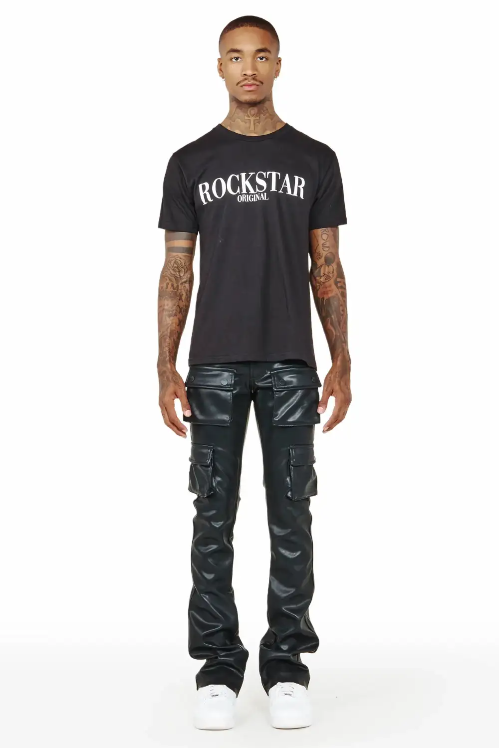 Khaza Black Faux Leather Stacked Flare Jean