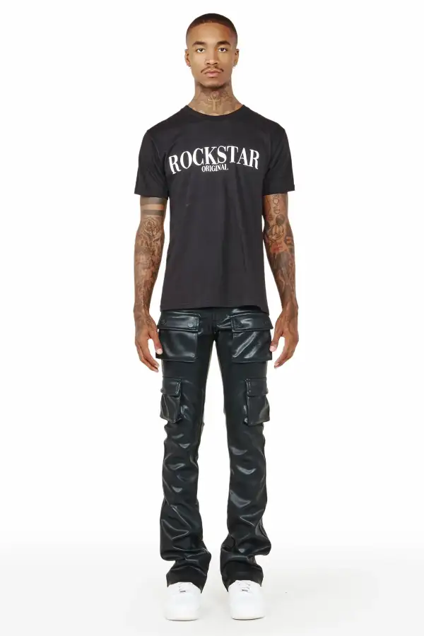 Khaza Black Faux Leather Stacked Flare Jean