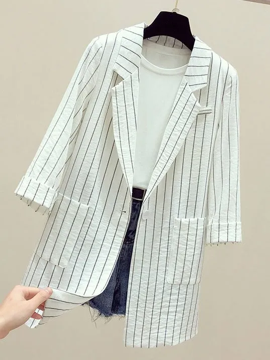 Lapel Collar Long Sleeve Striped Pocket Stitching Regular Loose Blazer For Women
