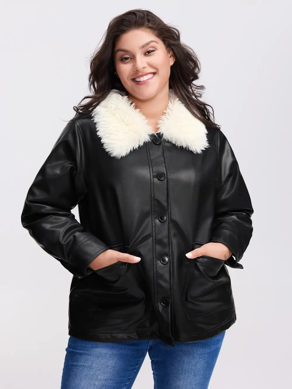Fuzzy Collar Button Quilted Jacket