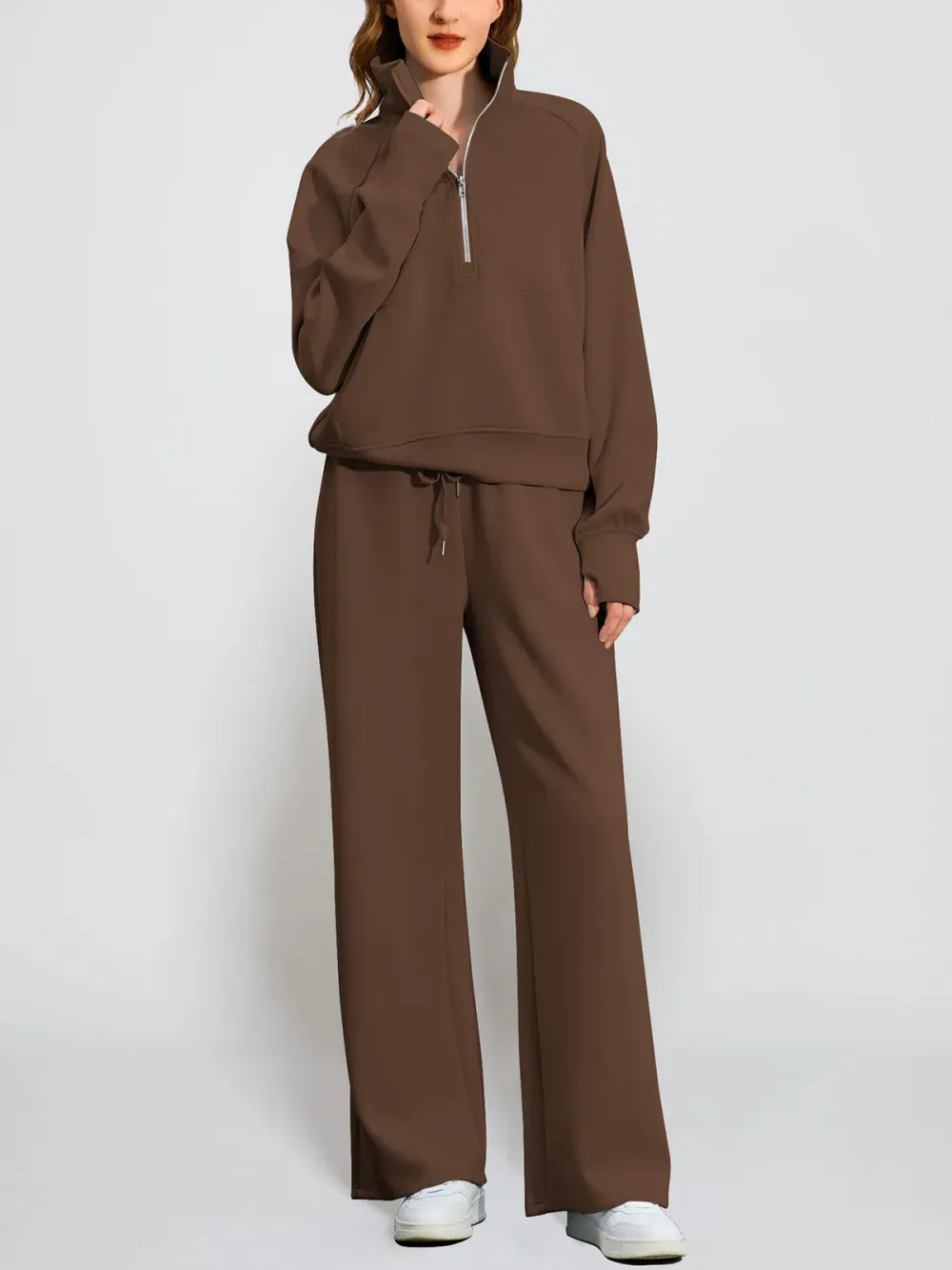 Women's Oversized Half Zip Wide Leg 2 Piece Outfits Lounge Set