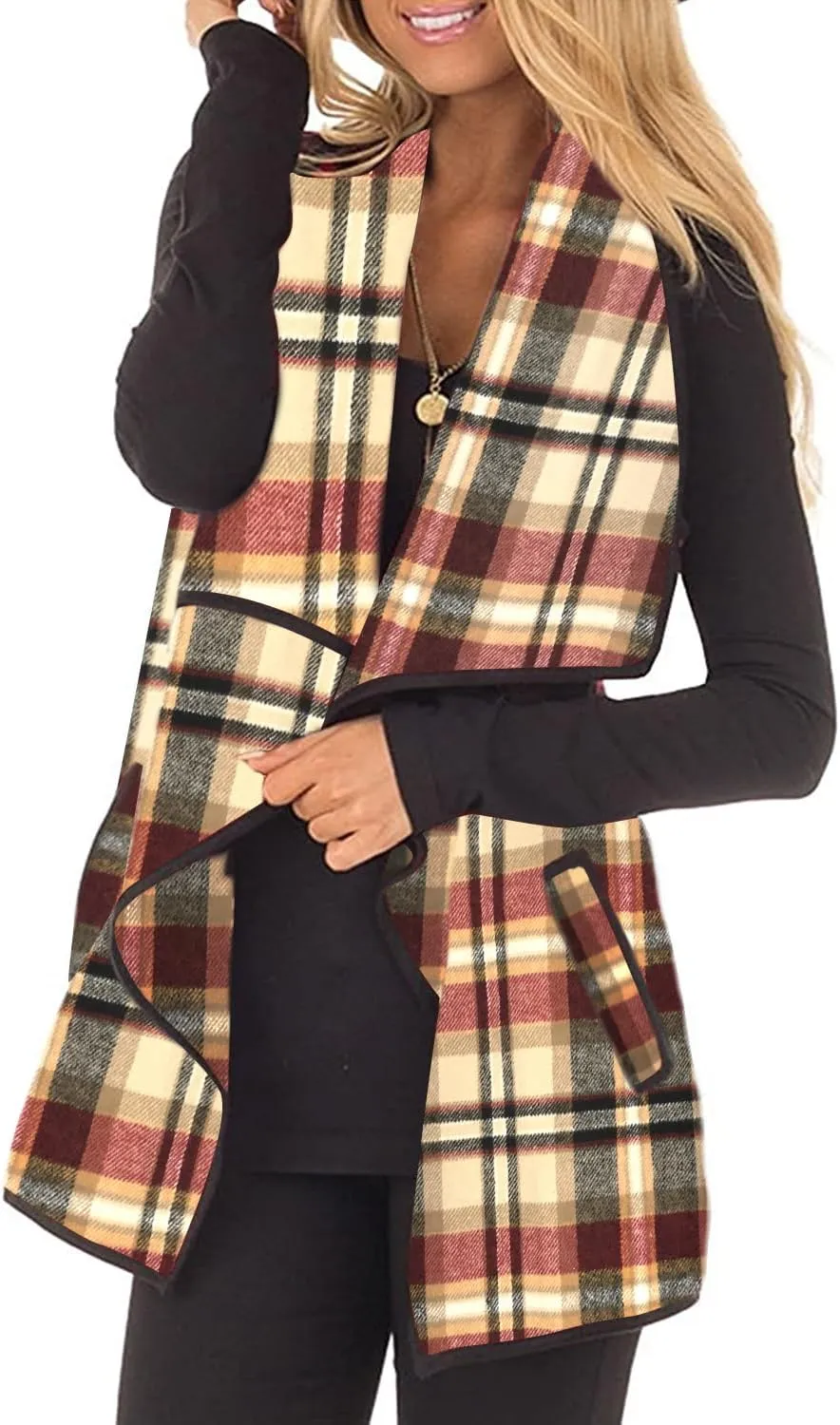 Womens Buffalo Plaid Vest Casual Lapel Open Front Sleeveless Cardigan Jacket Coat with Pockets