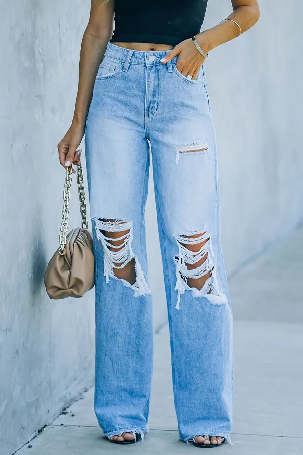 Solid Cut Out Straight Denim Pants