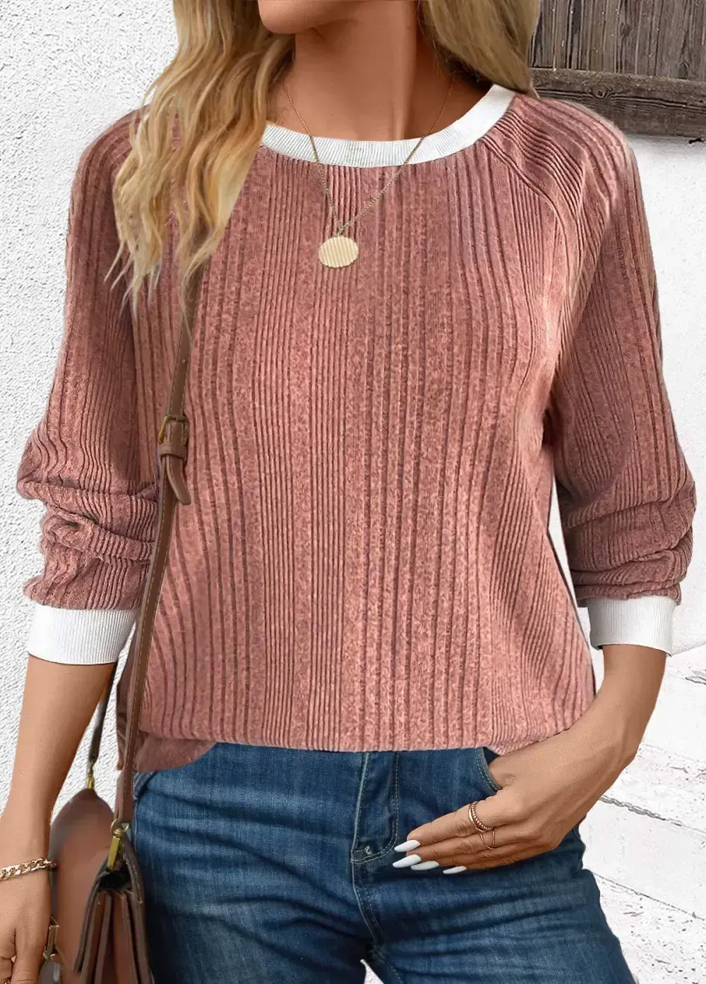 Dusty Pink Patchwork Long Sleeve Round Neck Sweatshirt
