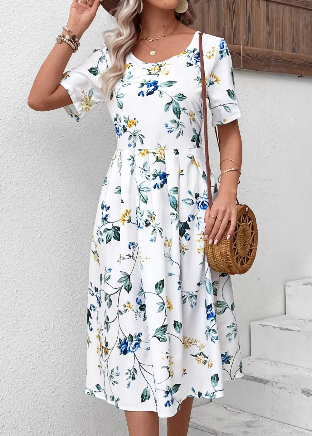 White Floral Print Short Sleeve Round Neck Dress