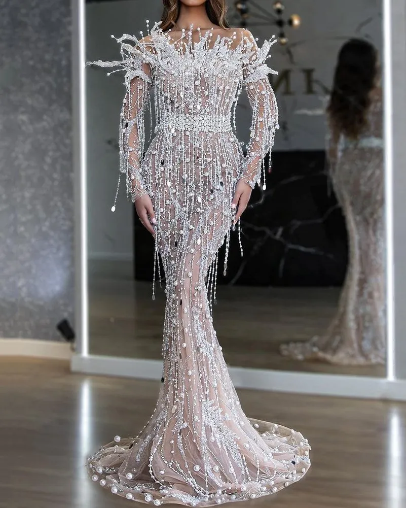 Wedding Long Sleeve Fringe Beaded White Maxi Dress