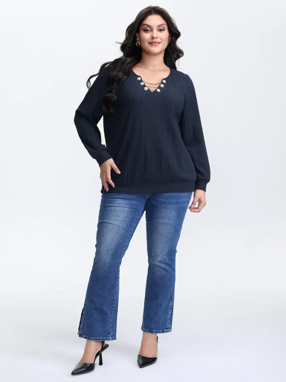 Textured Metallic Neckline Detail Stretchy Top