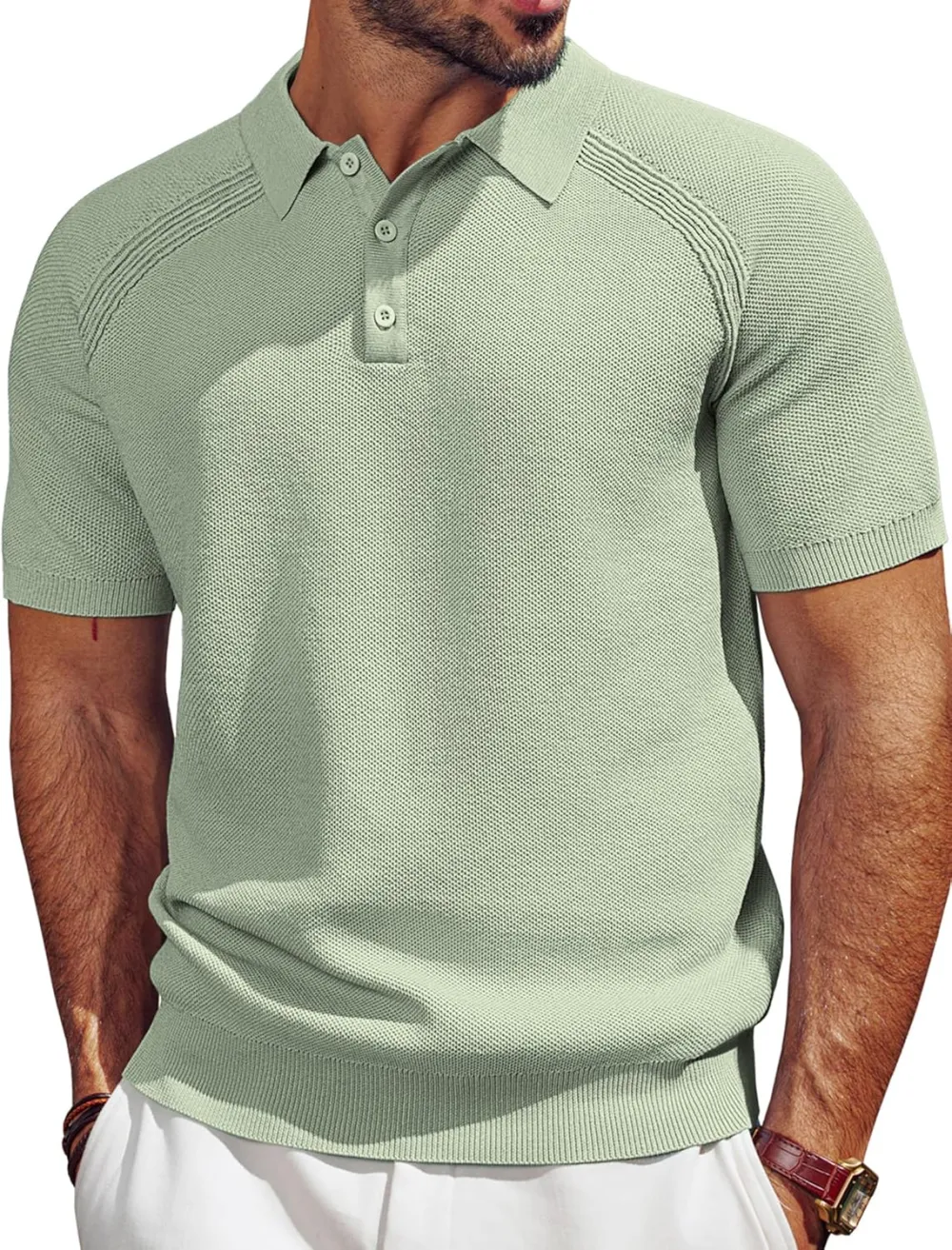 Men's Polo Shirt Short Sleeve Textured Knit Button Shirts Raglan Sleeve Casual Golf Shirt