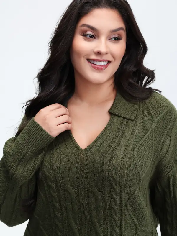 Cable Knit Polo Collar Pullover