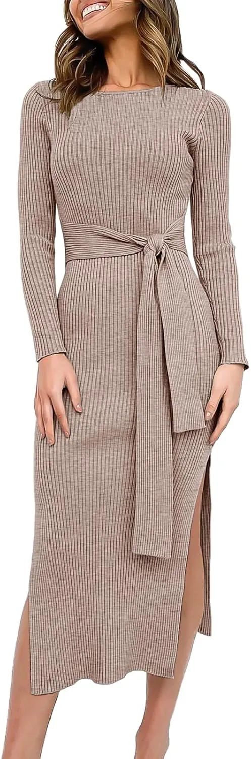 Long Sleeve Sweater Dress Crew Neck Slim Fit Slit Tie Waist 2024 Ribbed Knit Bodycon Midi Dress Fall Outfits