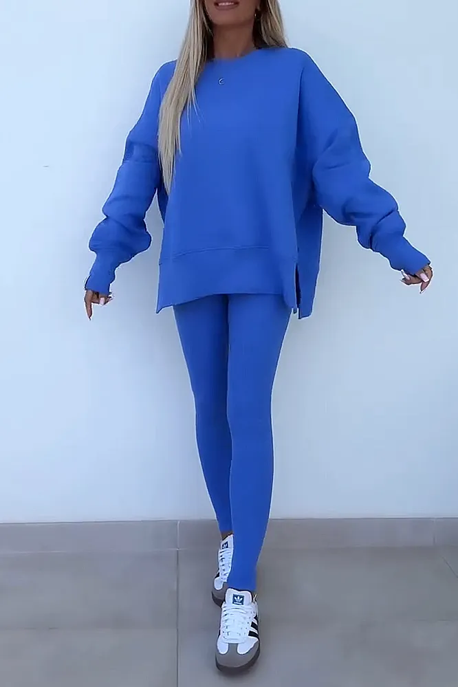 Women's solid color round neck top and pants two-piece set