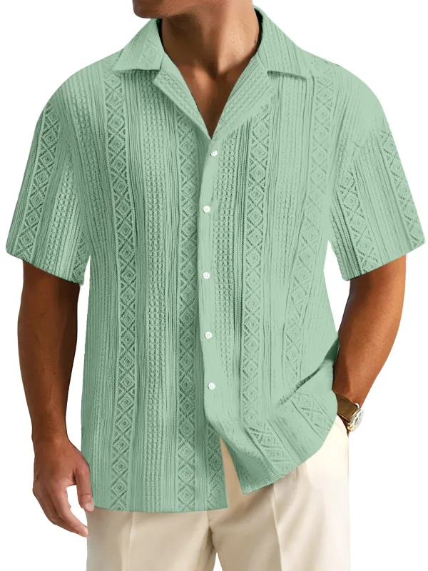 Men's Everyday Solid Color Textured Short-sleeved Cuban Collar Shirt