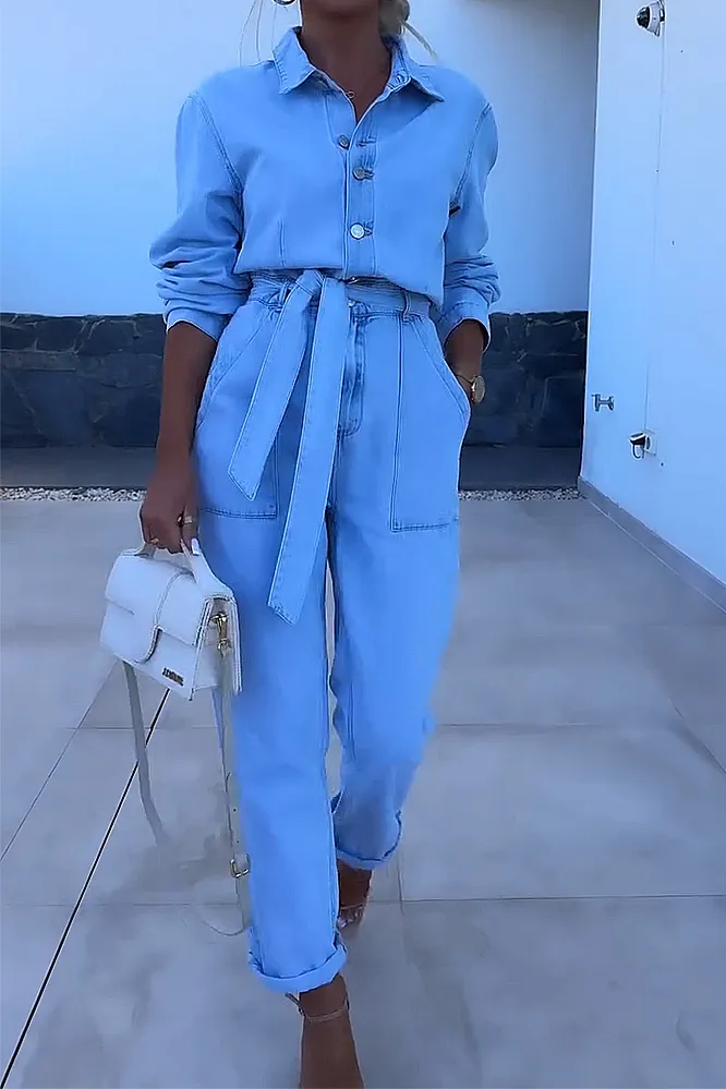 Women's solid color denim V-neck top and pants two-piece set