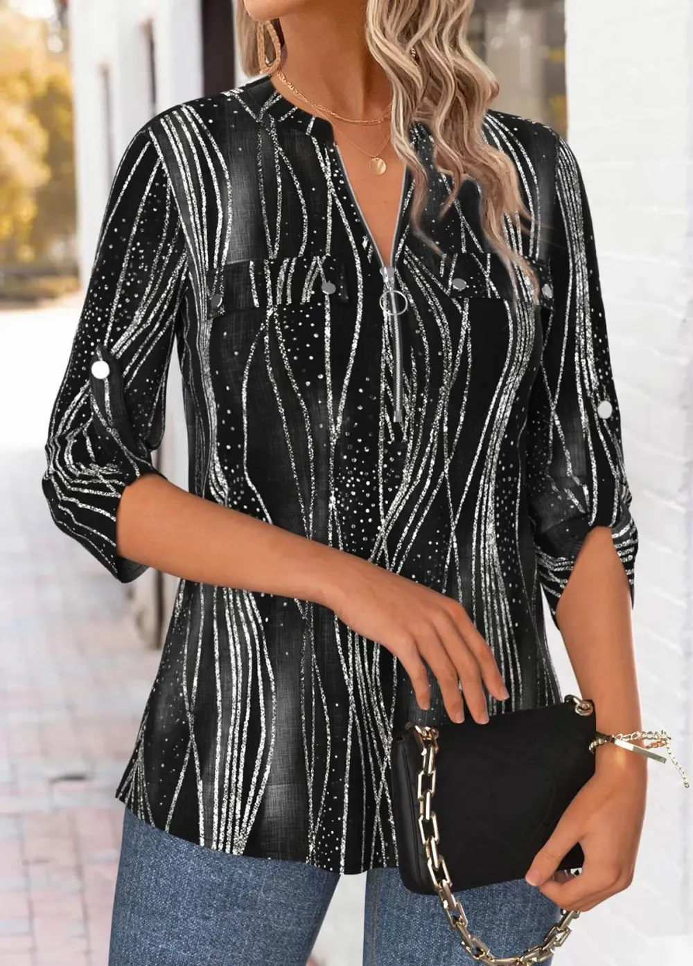 Black Geometric Print 3/4 Sleeve Split Neck Blouse