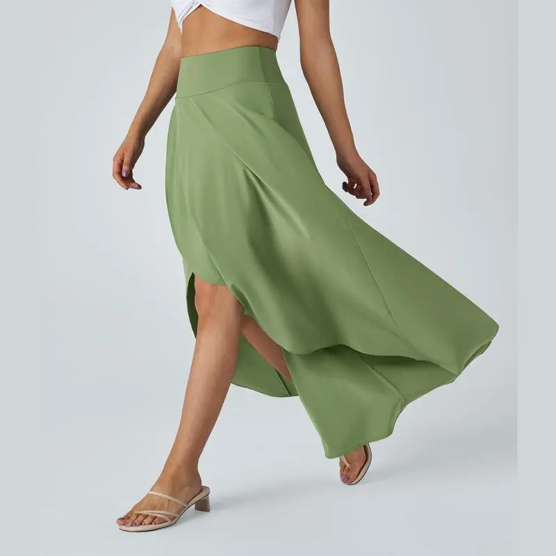High Waisted 2-in-1 Maxi Skirt – Flowy, Quick-Dry, High-Low Hem with Ruffle Detail