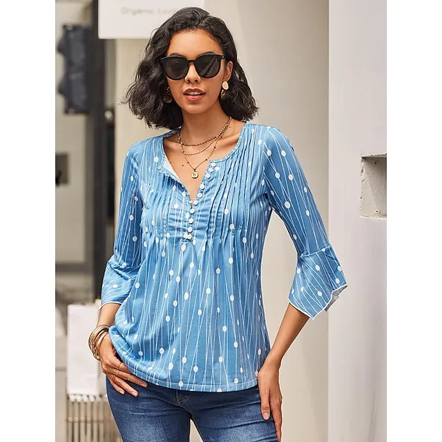 Women's Plus Size Shirt Tunic Henley Shirt Tunic Shirts Polka Dot Striped Print Flowing tunic Casual Daily Elegant Boho Long Sleeve V Neck Red Spring Fall
