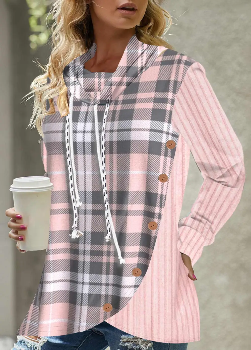 Button Tartan Print Pink Drawstring Sweatshirt
