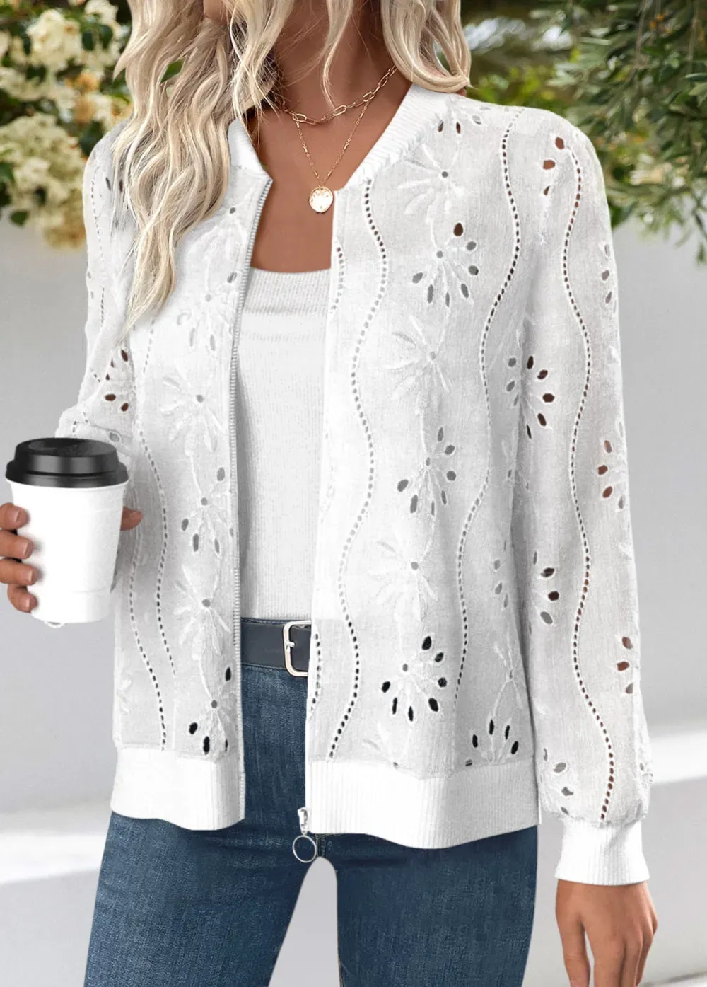 White Jacquard Long Sleeve Stand Collar Track Jacket
