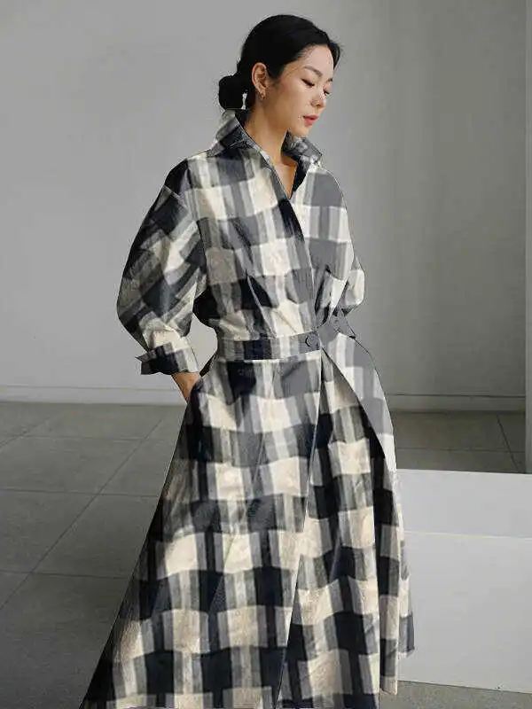 Urban Loose Long Sleeves Plaid Midi Dress Shirt Dress