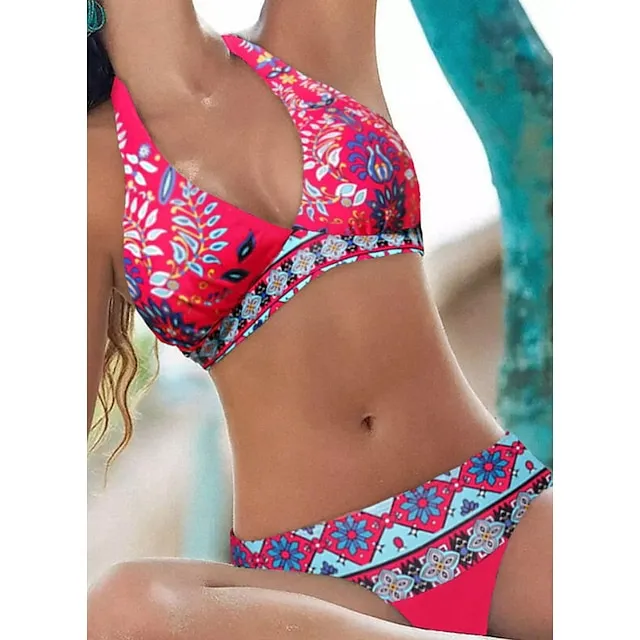 Women's Swimwear Bikini Bathing Suits 2 Piece Normal Swimsuit Halter 2 Piece Sexy Floral Print Light Green Pink Purple Padded V Wire Bathing Suits Sports Vacation Beach Wear