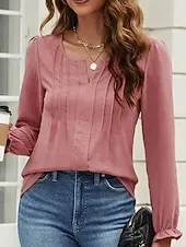 Women's Blouse Solid Color Elegant Daily Stylish Long Sleeve Puff Sleeve V Neck Regular Tops Work Daily Holiday Black Pink Summer Spring Fall