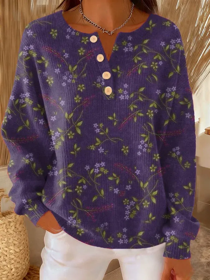 Women's Casual Purple Floral Button-Down Knitted Top