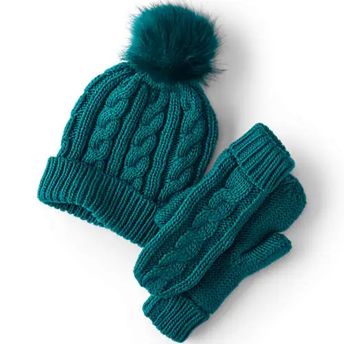 Women's Removable Pom Beanie and Mitten Gift Set
