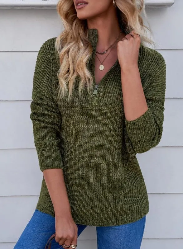 Womens Sweaters Long Sleeve 1/4 Zip Pullover Polo V Neck Dressy Casual Tops
