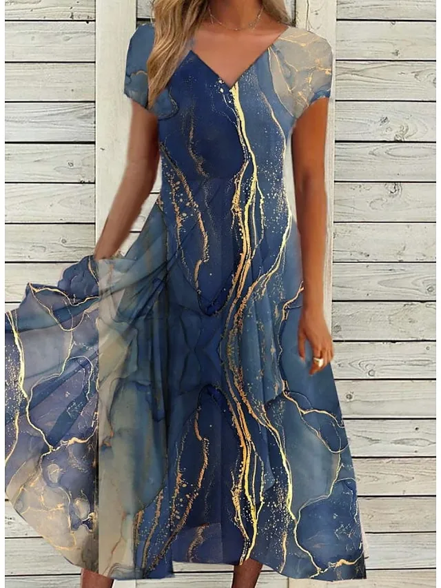 Women's Casual Dress Swing Dress Sundress Midi Dress Blue Short Sleeve Print Print Summer Spring V Neck Fashion Wedding Guest Vacation Summer Dress 2023 S M L XL XXL 3XL