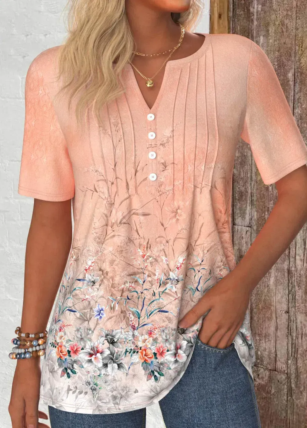 Dusty Pink Button Floral Print Short Sleeve T Shirt