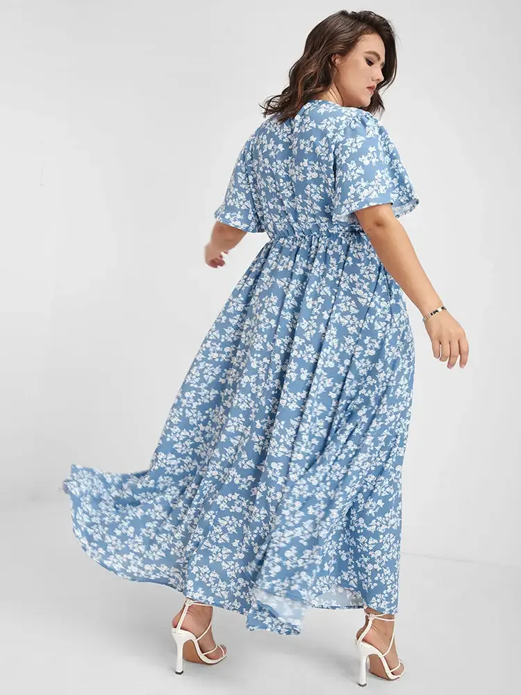 Bloom Dress - Flutter Sleeve Ditsy Floral Pocket Split Maxi Dress