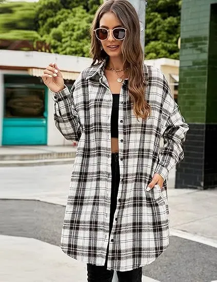 Women's Button Down Flannel Shirts Plaid Shacket Long Sleeve Collared Long Jacket Coats