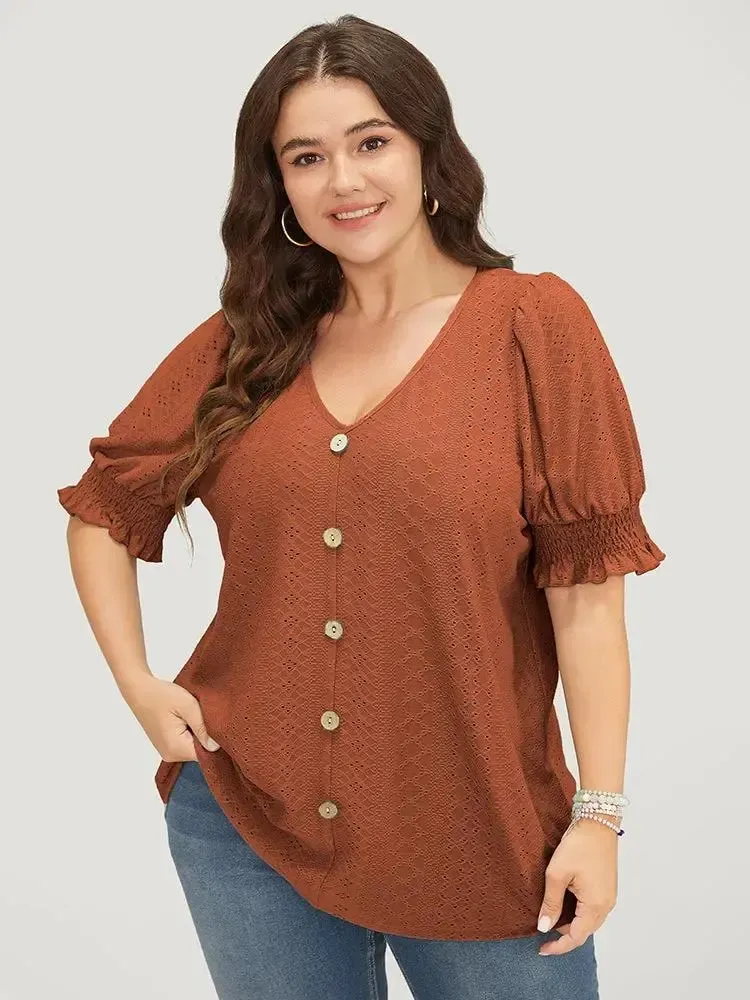 Plain Broderie Anglaise Shirred Puff Sleeve Button Detail T-shirt
