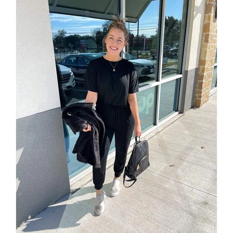 Women’s 2-Piece Summer Lounge Set, Short Sleeve Crew Neck Top & Drawstring Joggers with Pockets, Comfy Tracksuit