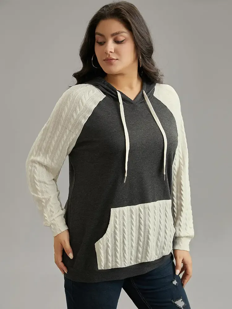 Contrast Cable Knit Pocket Hooded Drawstring Sweatshirt