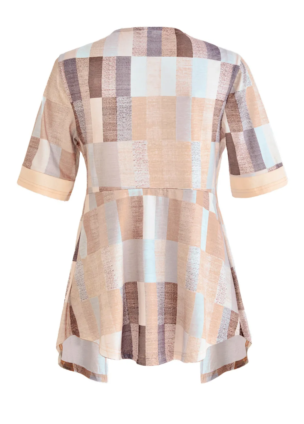 Beige Patchwork Geometric Print Half Sleeve Blouse