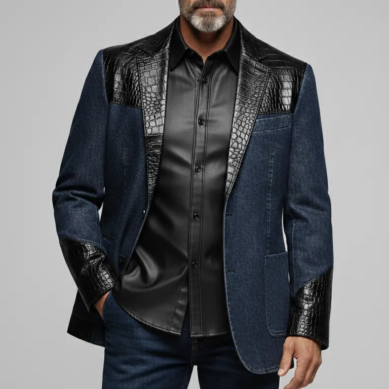 Men's Navy Blue Crocodile PU Leather Patchwork Notch Lapel Two Button Pocket Long Sleeve Denim Blazer