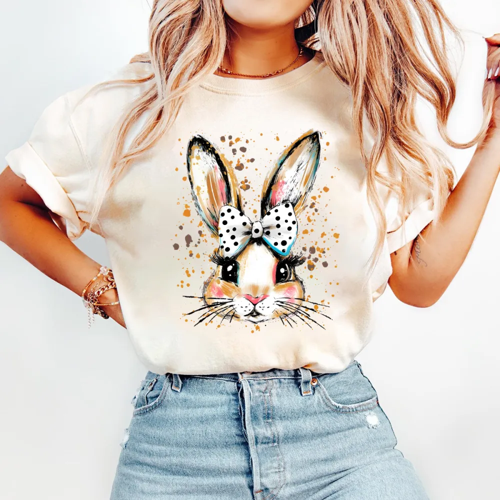Easter Hand Drawn Bunny Printed Round Neck Short Sleeve T-Shirt