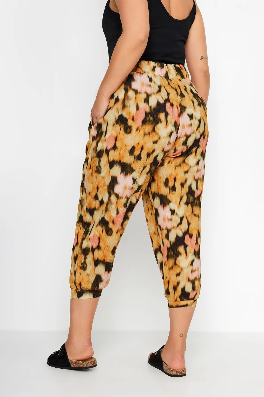 YOURS Curve Black Geometric Print Textured Cropped Harem Trousers